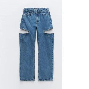 ZARA MID WAIST STRAIGHT LEG CUT OUT JEWEL JEANS